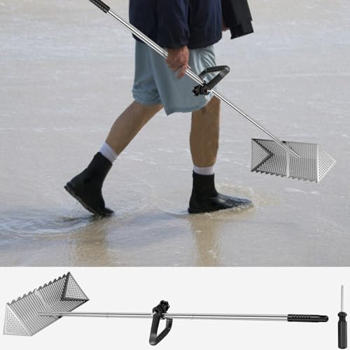 Rastrillo para pulgas de arena con mango largo de 134 cm y cesta de 40 x 20 cm, colador de arena de playa multifuccional, colador de arena extraíble para la playa, pesca, al aire libre