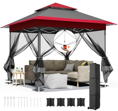 Pavillon 3,3x3,3 mit 4 Moskitonetz Seitenteilen, One Push Faltpavillon Wasserdicht Stabil, Doppeldach Partyzelt UV Schutz 50+, Gartenpavillon 4 PCS Sandsäcken, für Patio/Markt/Camping, Rot Grau