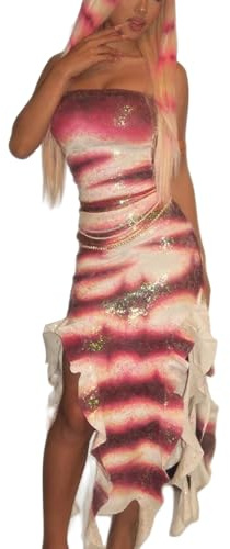 Halloween-Kostüm für Damen, Hai-Geschichte, Lola-Kostüm, Y2K, seitlich geteilt, Rüschen, Maxikleid, trägerlos, Fisch-Cosplay-Kleid