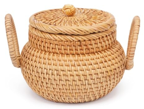 Kznifmk Kleiner Rattankorb mit Deckel, Rattankorb-Organizer mit, Süßigkeitenschale, Rustikaler Geflochtener Korb für Regal, Tisch, Büro, 1 Stück