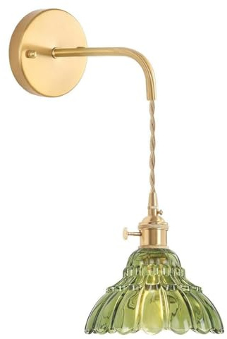 AoLa Kristall Wandleuchte lnnen mit Schalter, E27 Vintage Wandlampe Gold Verstellbar Höhen Florenz Wand Leselampe Blumen Glas Schirm Industriell Retro Lampe Nachttischlampe aus Metall, Grün