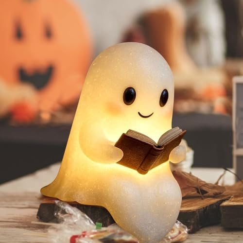 Plyisty Niedliche Geister-Lesebuchlampe, Geister-Nachtlicht aus Harz, Warm Beleuchtete Figurenstatue, Halloween-Dekoration für Party-Schlafzimmer (S 100 x 40 x 0,3 cm / 39,4 x 15,7 x 0,1 Zoll)