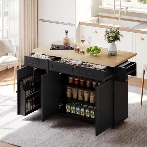 FammyLoft Kücheninsel auf 6 Feststellbaren Rollen, Kücheninsel mit Klappbarer Arbeitsplatte, 2 Schubladen und Schrank, Küchenrollwagen mit Ablage für Küche, Esszimmer, Mobiler Buffetschrank, Schwarz