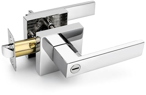 Brotima Polished Chrome Privacy Door Lever,Modern Square Keyless Door Handle with Adjustable Latch (60/70mm Backset),Stainless Steel Interior Door Handles for Bedrooms & Bathrooms