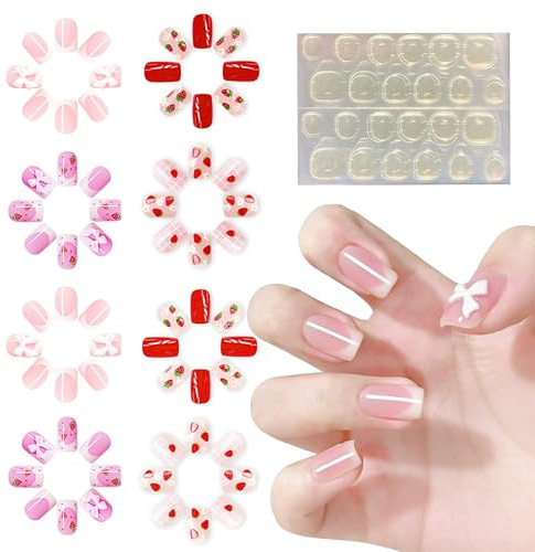 96 Pcs Kids Stick on Nails, Strawberry Press on Short False Nails for Girls | Kids False Nails, Bows Short Full Cover Adhesive Fake Nails with Jelly Tab for Nail Decoration Party Birthday Gifts