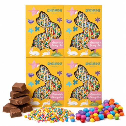 Kingsbridge Easter Chocolate Bunny Bars, Pack of 4 | 4 Belgian Milk Chocolate Easter Bunnies With Candy Coated Milk Topping, For Easter Gifts, Egg Hunts And Hampers