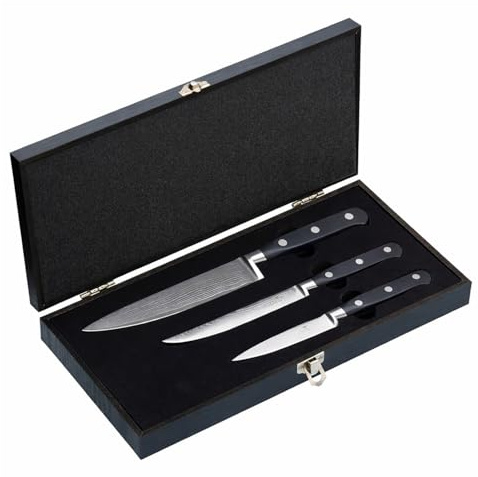 Q-Sharp Damascus Steel Professional 3 Piece Kitchen Knife Set | 9cm Paring, 12cm Utility, 15cm Cooks Knife, Perfect PRO Chef Starter Set