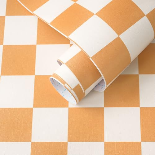 Yomshi Orange Plaid Wall Paper Roll Peel and Stick Wallpaper 44 x 300 cm Boho Waterproof Easy to Clean Removable Vinyl Wrap Thicken Contact Paper for Bathroom Kitchen Living Room