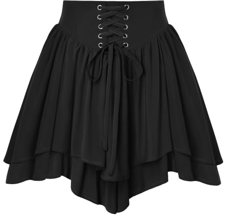 SCARLET DARKNESS Women High Waist Asymmetrical Tiered Mini Pirate Skirt | Lace-up high waist with pockets, asymmetric tiered flowy hem, pirate vintage silhouette, Renaissance cosplay and daily wear