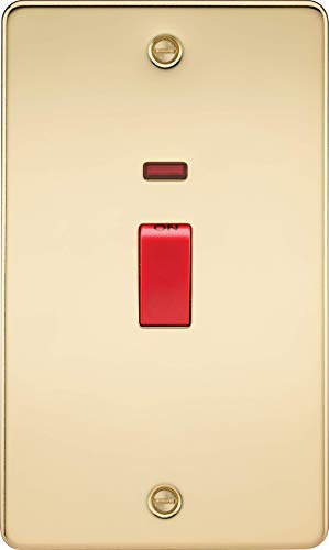 Knightsbridge FPAV8332NPB 45 A Flat Plate 2-Gang DP Switch with Neon Light - Polished Brass