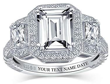 Personalisieren Sie Nachlass Vintage Art Deco Stil 3Ct Aaa Cz Halo Rechteck Smaragd Schliff Erklärung Verlobungsring Für Frauen Cz Baguette Seite Steine .925 Sterling Silber Brauch Graviert