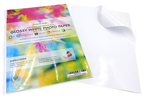 Evergreen Goods A4 100 Blatt Weiß 1000gsm | Selbstklebendes glänzendes weißes Fotopapier | Spritzwassergeschützte Drucke | Tintenstrahl- und Laserdrucker | Kinderaufkleber für Zuhause und das Büro