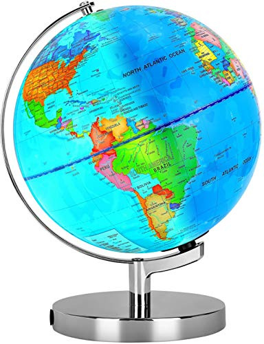 POOCCI 8-Inch Illuminated World Globe for Kids and Adults, Writable Political Map with LED Night Light, Magnifying Glass and Marker, Educational Globe for Home and Classroom
