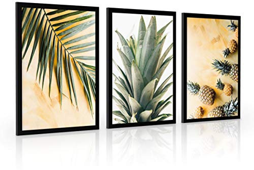Estika Bilder set mit rahmen - Ananas - Wählen größe (3x A2 oder 3x A3) und farbe des rahmens (4 Farben) - Moderne deko poster set, Wandbild wohnzimmer oder schlafzimmer