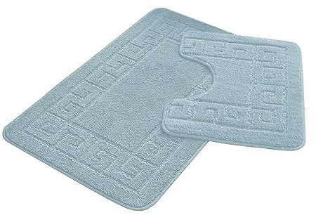 FAIRWAYUK Bathroom Mats Sets 2 Pieces, Ultra Plush Greek Pattern Bath Toilet Mat Anti Slip Pedestal Set, Extra Absorbent 100% Polypropylene Rug, Bathroom Accessory(Aqua)