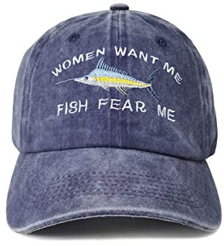 Enodtter Bestickte Frauen-Baseballmützen mit Aufschrift Want Me Fish, Women Want Me Fish Fear Me – Marineblau, Einheitsgröße
