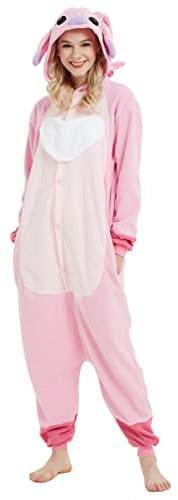 RANSUU Stitch Onesie Kostüm Relaxo Jumpsuit Erwachsene Pyjama Damen Herren Tier Schlafanzug Weihnachten Karneval Halloween Pink S