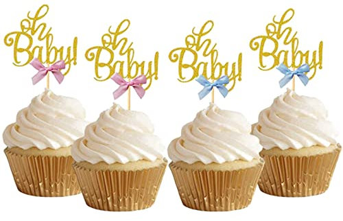Bymivofun 24 Stück Glitzer Oh Baby Cupcake Topper, Gender Reveal Cupcake Topper, für Geburtstag, Hochzeit, Taufe, Babyparty, Kinderpartydekorationen
