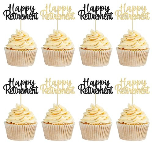 Gyufise 36 Pack Happy Retirement Cupcake Toppers Multicolor Glitter Retired Cupcake Picks Retirement Theme Birthday Party Cake Decorations Black and Gold