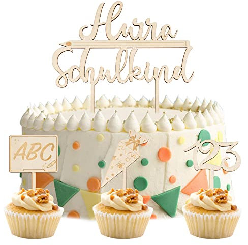 COLOFALLA Tortendeko Einschulung Cake Topper Schulkind Holz Schulanfang Cupcake Torten Topper ABC 123 Kuchendeko Schuleinführung Party Deko Geschenke für Mädchen Junge Kinder