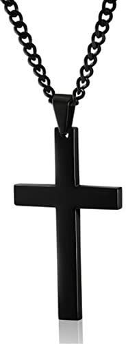 Fashion Base Cross Necklace for Men, Stainless Steel Black Cross Pendant Necklace for Boys Cross Chain for Mens Christian Religious Gift (Black)