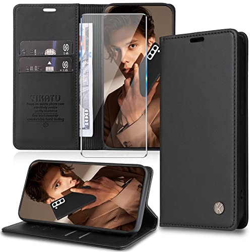 Migexxkj Handyhülle für Samsung Galaxy S22 5G Hülle [mit Schutzfolie] [Premium PU Leder] Klapphülle Ständer Kartenfach Magnetic Flip Case Cover Etui Tasche Schutzhülle für Samsung S22 5G