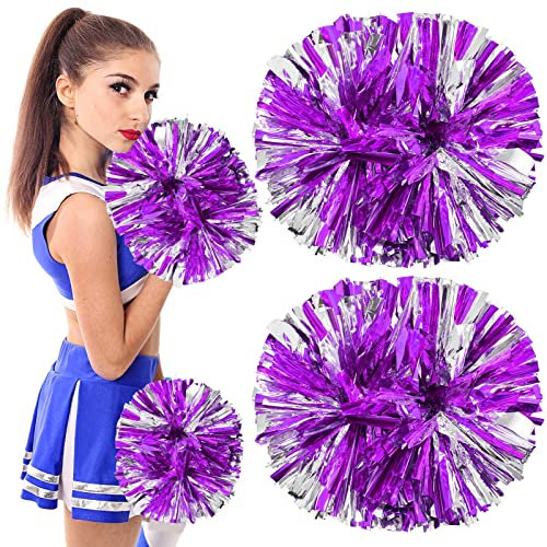Colexy Cheerleading Pompoms, 2 Stück Metallfolie Cheerleading Pom Poms, Cheerleader Pompons Handblumen mit Handle, Cheerleading Pom Poms Tanzpuschel, für Sport Wettbewerb Team Geist (Lila + Silber)