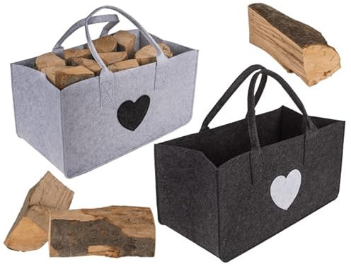 mucHome 2 Stück Filztaschen Herz Hellgrau & Dunkelgrau mit Tragegriffen für Kaminholz ca. 50 x 25 cm für bis max. 15kg Füllgewicht Filzkorb Einkaufstasche Zeitungsständer
