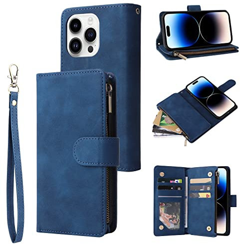 QLTYPRI Case for iPhone 14 Pro, Large Capacity Leather Wallet Case 6 Card Holder & 1 Zipper Pocket Kickstand Wrist Strap Magnetic Case for iPhone 14 Pro - Blue