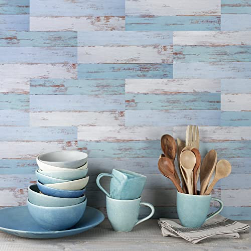 Alwayspon 24Pcs Vinyl Wall Floor Tile Sticker, Waterproof Self-Adhesive Decals for Kitchen Bathroom, Peel and Stick PVC Transfer, Blue and Turquoise (30cm X 15cm)