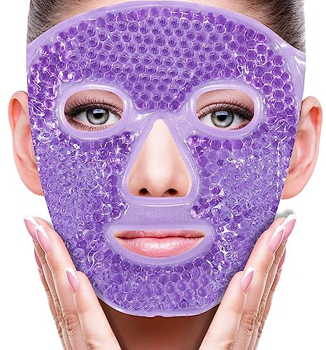 ZNÖCUETÖD Masque facial avec poche de glace pour réduire les gonflements, les poches sous les yeux, les cernes gonflés, la migraine, compresse chaude/froide avec envers en peluche douce (violet #22)