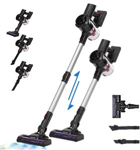 Aspiradora sin Cable, 25KPa Vertical Escoba Aspiradora Inalambrica Potente Succión 210W con Faros LED, Autonomía de 40 Mins, Batería Extraíble, 4-en-1 Aspirador de Mano para Mascota, Suelo, Coche