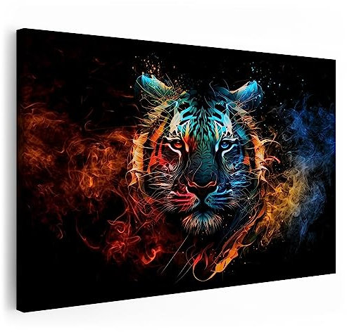 Tiger Bild Feuer und Eis | Modern Pop Art | Tigerbilder XXL | Wandbild Deko | Leinwand | Buntes Poster für Wand