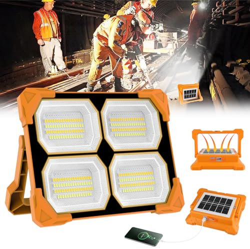 Foco LED Recargable T-SUN 100W Foco de Trabajo LED 5 Modos Foco LED Exterior Solar Foco LED Bateria 328 LED Luz Portatil con Panel Solar,Base Magnética, USB para Camping, Trabajo, Pesca, Emergencia