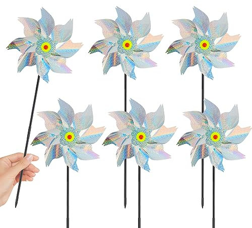 RISVOWO 6 Pezzi Ruote a Vento Per Uccelli e Uccelli, Girandola Riflettente, Mulino a Vento Riflettente, Per Frutteto, Per Balcone, Giardino, Cortile, Per Uccelli, Per Esterni (Argento)