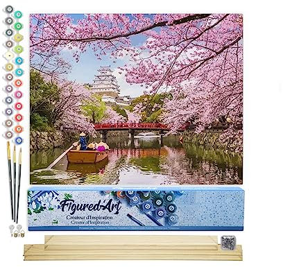 Figured'Art Malen Nach Zahlen Erwachsene Mit Rahmen Kirschblüten am Fluss in Japan - Paint by Numbers Basteln DIY Bastelset 40x50cm Mit Keilrahmen (nicht gespannt)