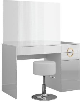 Vicco Schminktisch Adela, Kosmetiktisch mit Spiegel, Weiß Hochglanz, 115 cm mit Hocker