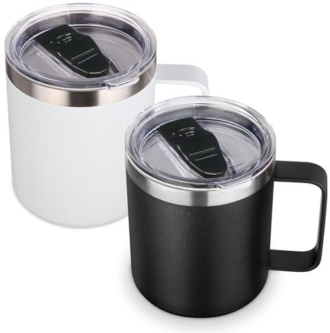 Volhoply 420ml isolierte Edelstahl-Kaffeebecher mit auslaufsicherem Deckel,doppelwandige Vakuum-Reisetasse mit Henkel, Metall-Thermobecher,Campingbecher,die heiß/kalt halten(Assortiert,2)