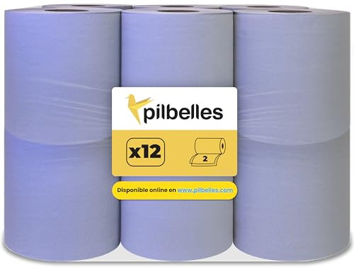 PILBELLES 12 Bobines Dévidage Central Essuie-Tout Bleu | Rouleaux Papier 2 Plis | 100 m/rouleau