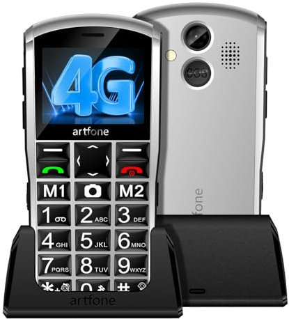 artfone A400 4G Seniorenhandy ohne Vertrag, 2.4Zoll Farbdisplay Großtastenhandy mit Ladestation, SOS Notruffunktion, Taschenlampe, 2MP-Kamera, Stereo-Lautsprecher, Zeittaste-Silber