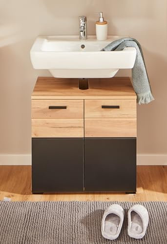 möbelando Waschbeckenunterschrank >Riom< in Eiche Artisan-Schwarz matt - 60x55x37 (BxHxT)