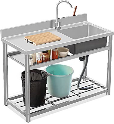 Fregadero comercial de acero inoxidable, mesa de preparación independiente de acero inoxidable 304, fregadero con consola y soporte para exterior, interior, garaje, cocina, lavader