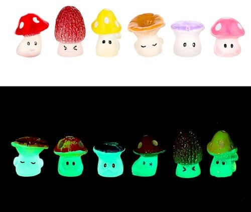 Andibro Leuchtende Mini Harzpilze, 12 Stück Niedliche Kleine Pilze Deko Bunt Pilz 1.6 X1.4 cm Miniatur Blumentöpfe Pflanzen Statue Harzpilze Für Zimmer Innenhöfe Gärten Eingetopft