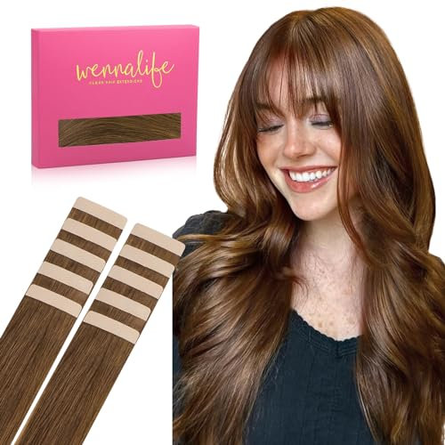 WENNALIFE Tape Extensions Echthaar, 55cm 30g 10 Stück Invisible Tape in Extensions Echthaar, Echthaar Extensions Tape, Remy Gerade Haarverlängerung Echthaar #5R Helles Auburn Braun
