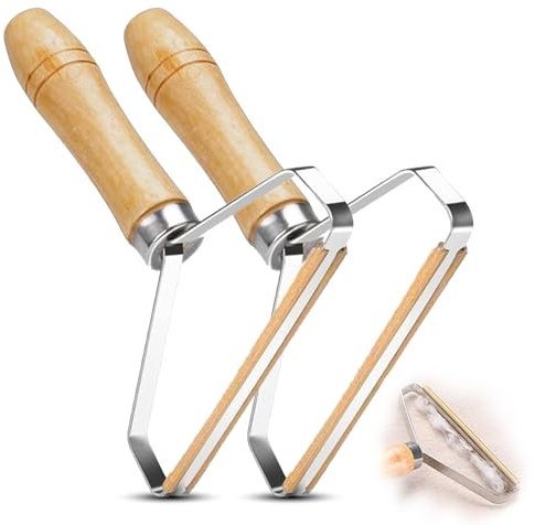2Pcs Portable Lint Remover, Shunshi Manually Carpet Reusable Lint Roller Scraper with Wooden Handle Holder, Lint Removal Pro Tool for Cleaning Pet Hair On Carpets, Sofas, Beds, Blankets, Clothes