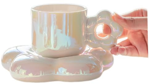 Hperu Ceramic Coffee Taza Taza de té y platillo Taza Linda con montaña Rusa con Forma de Flores Regalos de Tazas de Latte de 300 ml para niñas Oficina en casa Tazas de Tazas Blancas