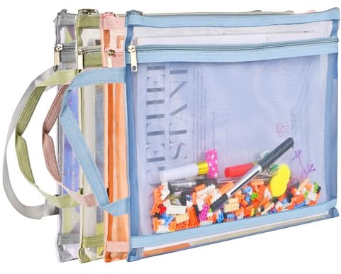 EMOOULI 4 Pack Colored Mesh Zipper Pouch Bags Double-Layer Nylon Puzzle Storage & Organization Solution for Toys, Games, and More (A4, 4)
