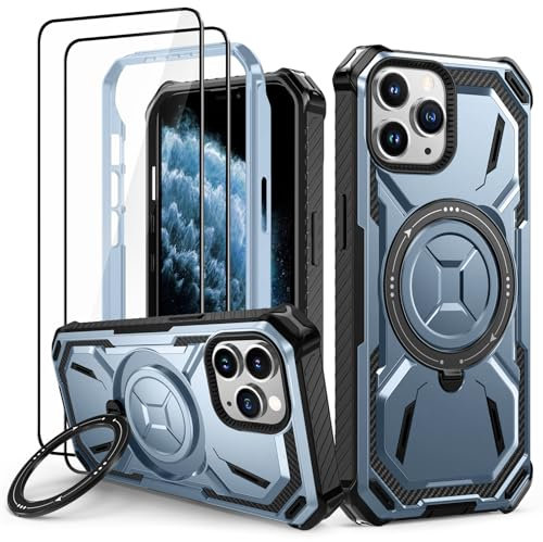 Lanhiem Handyhülle für iPhone 11 Pro Hülle mit 2 Stück Panzerglas und 360° Ring Ständer, Militärischer Stoßfest Schutzhülle für iPhone 11 Pro Case, Blau