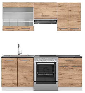 Vicco Küchenzeile Fame-Line, Küchenblock, Goldkraft Eiche/Weiß, 200 cm, AP Eiche