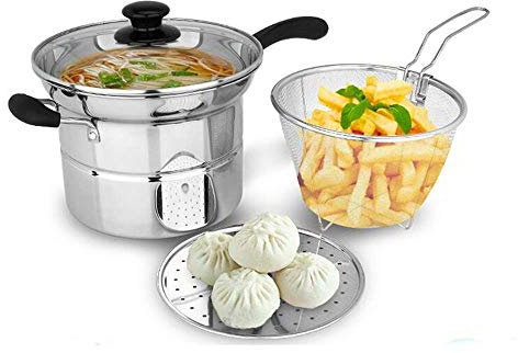 OUZBEM Pentola da 22 cm Pentola Multifunzione in Acciaio Inossidabile Pentola per friggere Noodle Pentola a Vapore fritta Manico Singolo Pentola per Latte Vision
